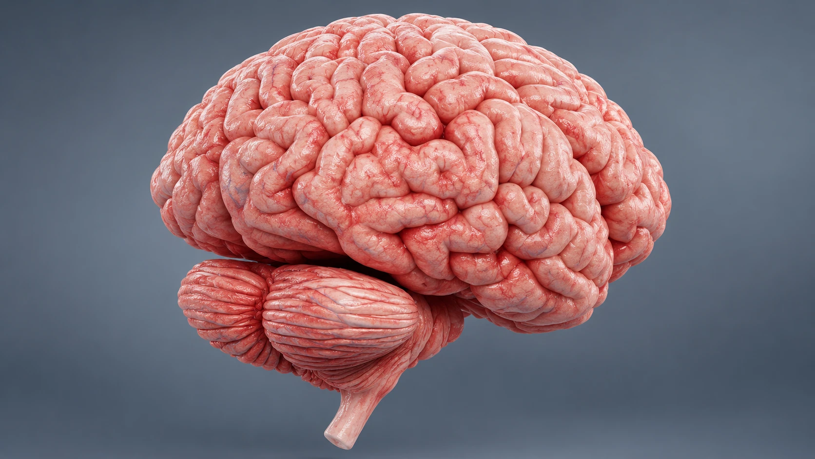 PRESDA AI-generated anatomical illustration of a pink human brain viewed from the side on a grey background