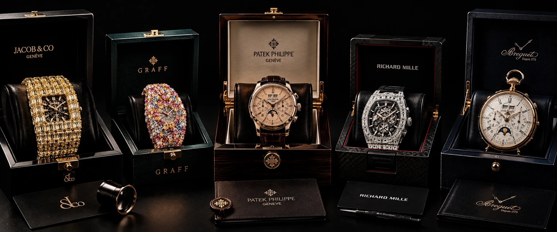 Illustration éditoriale générée par IA de montres de luxe dans leurs écrins, pas des photographies authentiques des modèles présentés