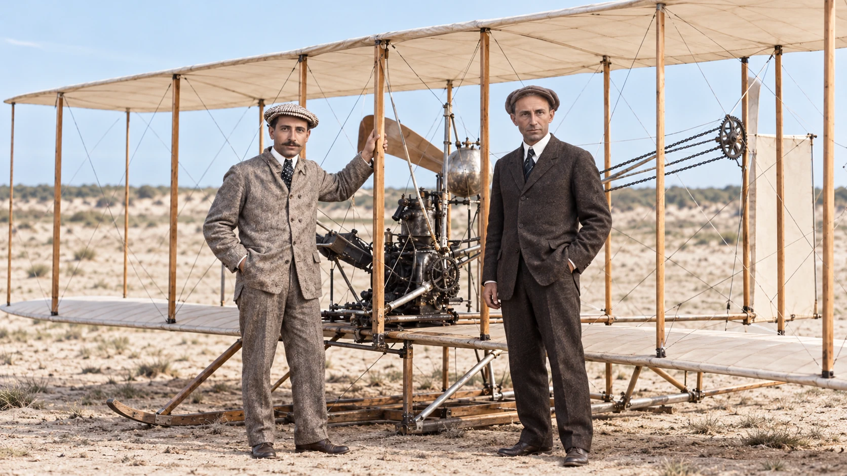 AI-generated artistic reconstruction of the Wright brothers beside an early biplane, not an archival photograph or an exact technical reconstruction