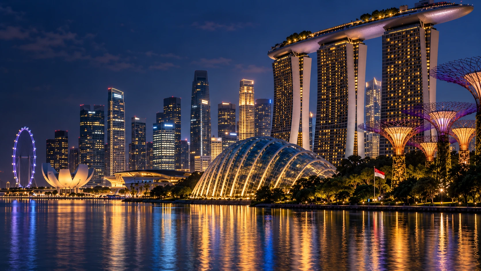 Illustrative Singapore skyline at night with Marina Bay Sands, illuminated gardens and reflections on the water