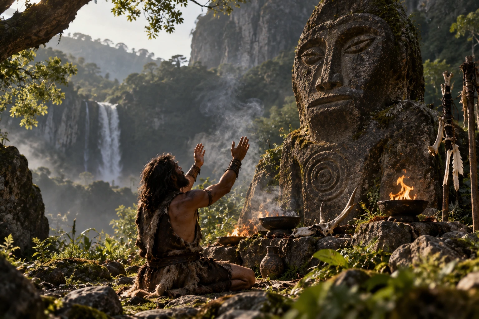 Ilustración conceptual generada por IA de una persona ante un ídolo de piedra, no una reconstrucción de un ritual documentado