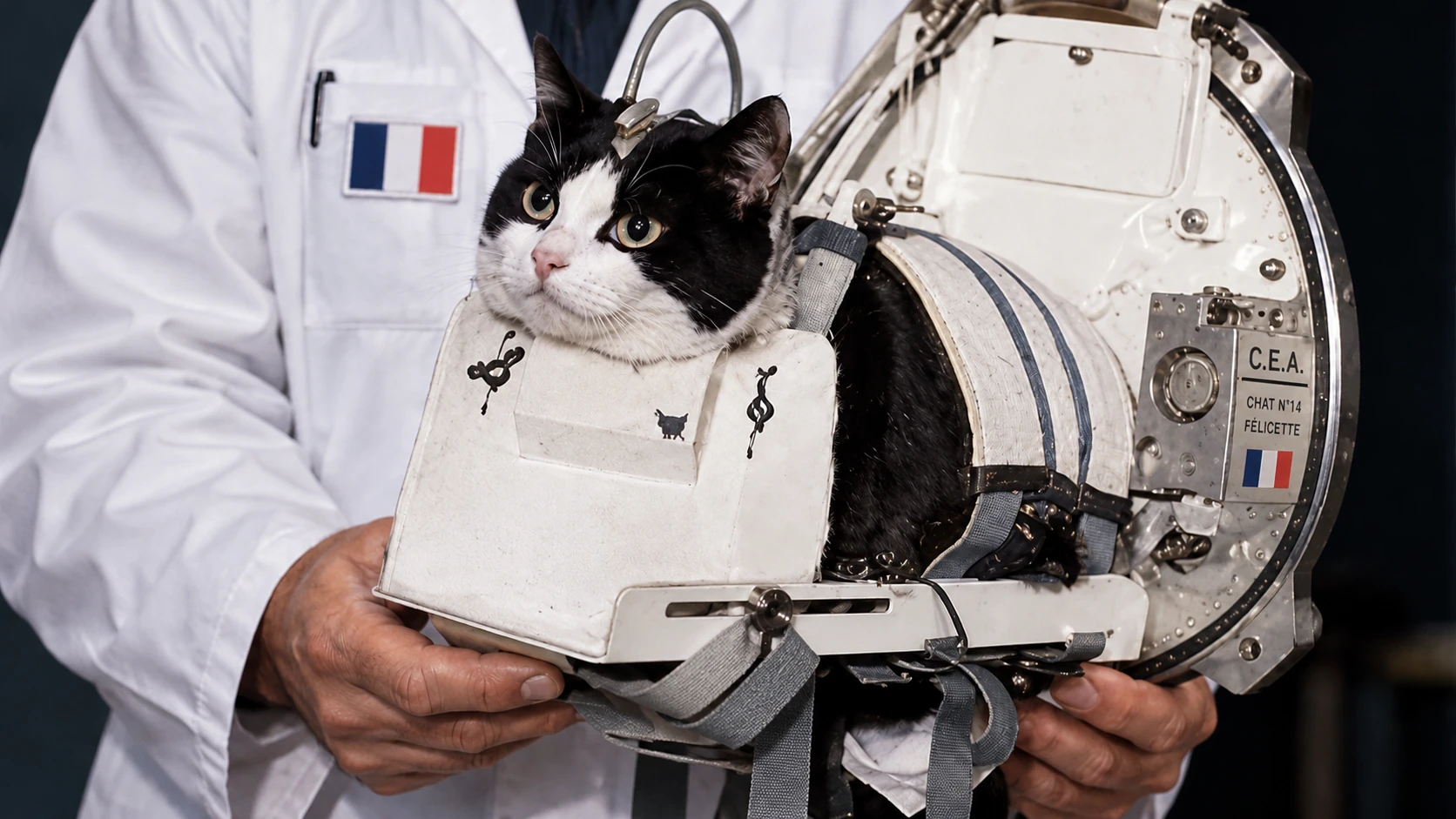 AI-assisted historical reconstruction of a black-and-white cat beside an imagined space capsule.