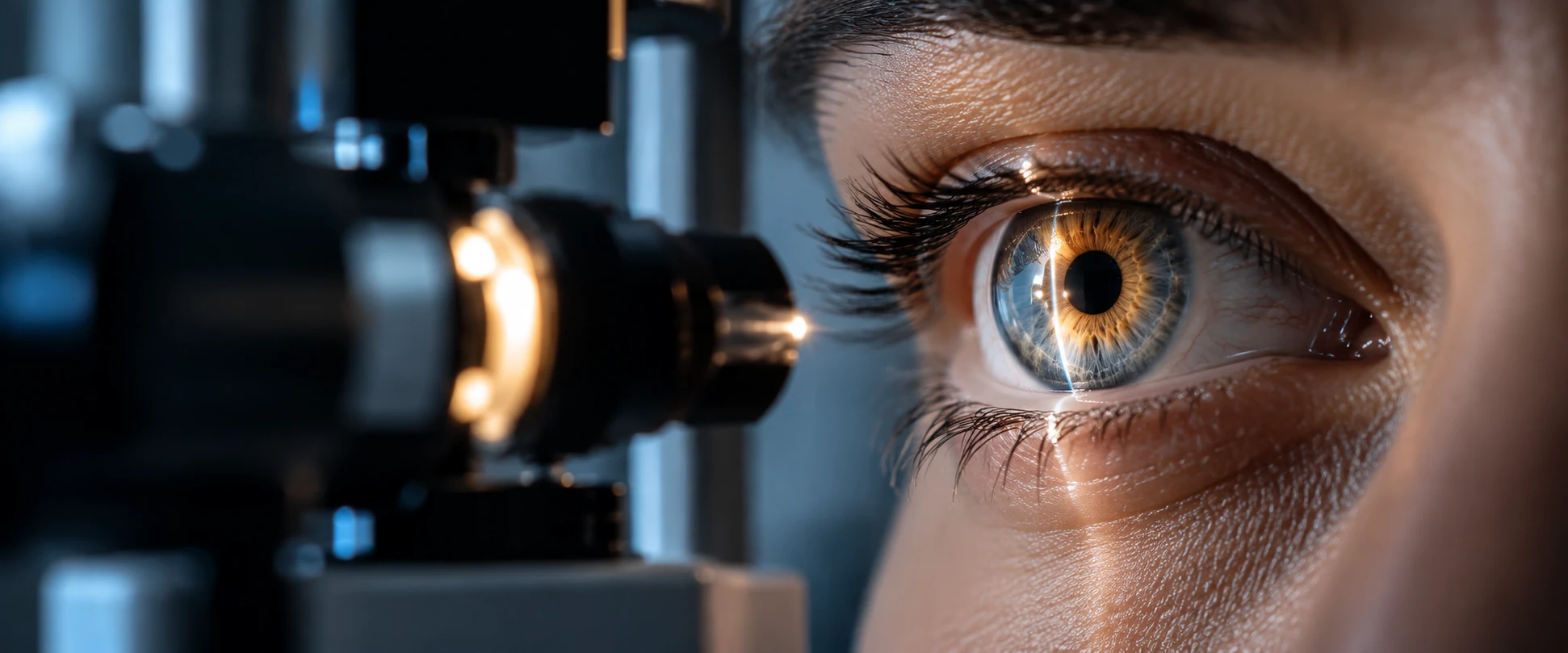 Conceptual close-up of an eye beside examination equipment, supplied as editorial artwork, not a photograph of this study or a treated participant