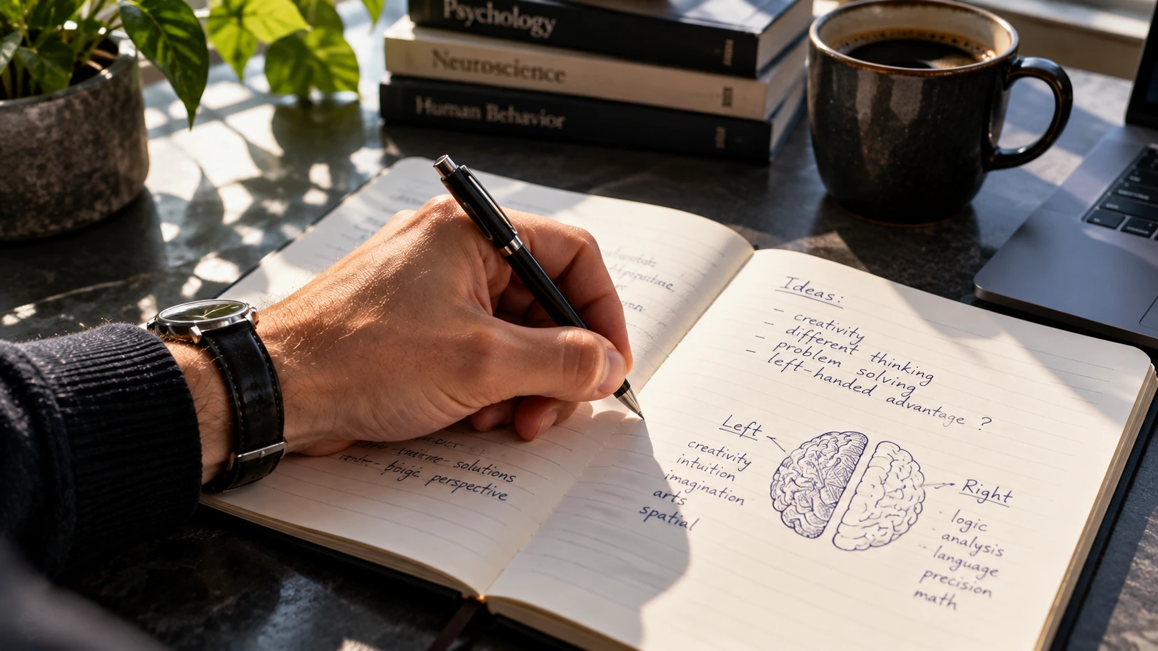 Editorial illustration of a person writing left-handed in a notebook containing questions and stereotypes about brain hemispheres