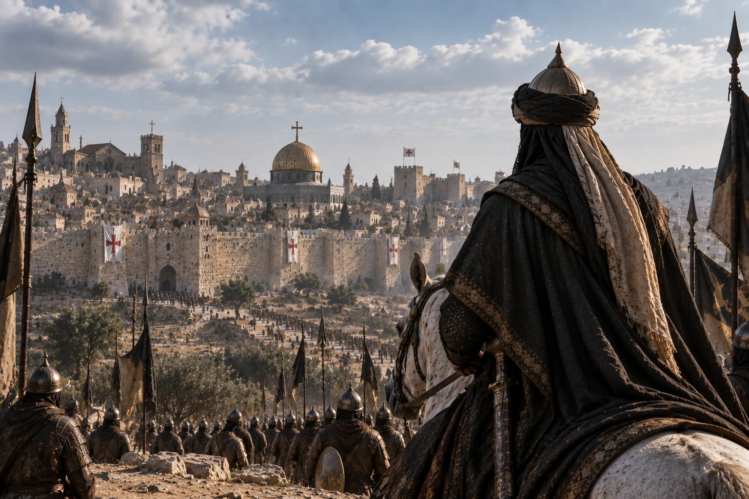 تصوير تحريري متخيّل لصلاح الدين الأيوبي وهو يقترب من القدس الخاضعة آنذاك للصليبيين قبل استسلامها عام 1187