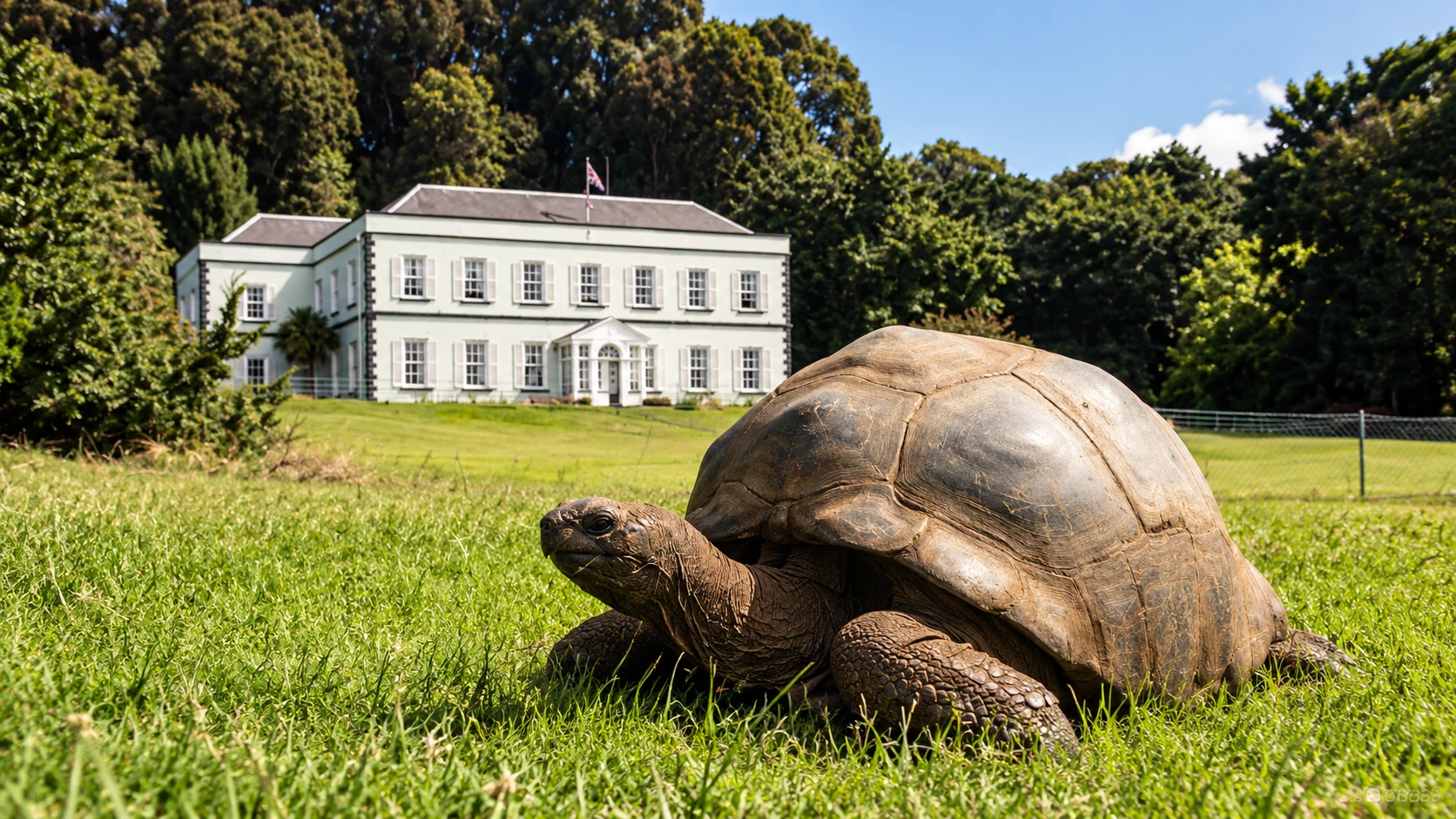 Artistic AI reconstruction of a giant tortoise outside Plantation House on Saint Helena, not an authentic photograph of Jonathan