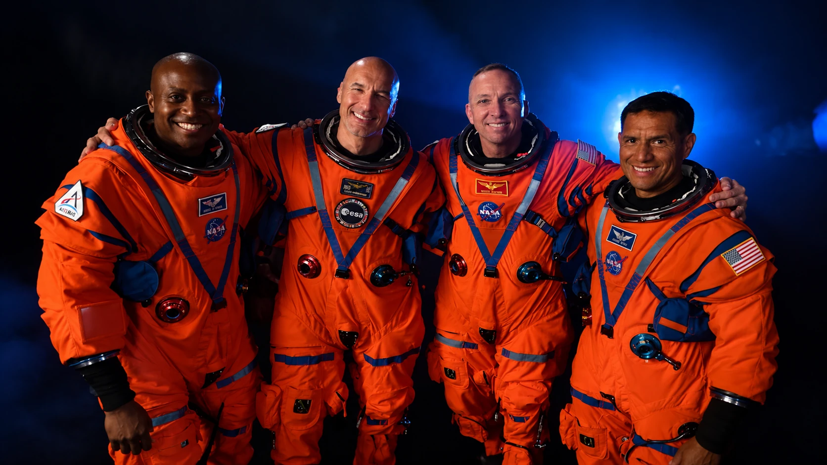 AI illustration of four astronauts in orange suits against a blue background, not an official NASA crew portrait.