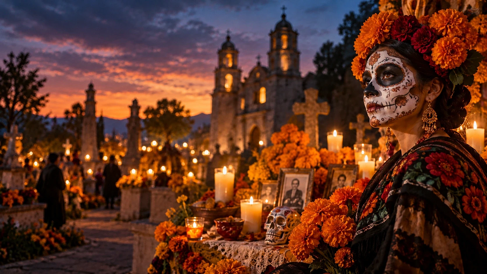 Illustration IA d'une Catrina, de fleurs et de bougies dans un cimetière mexicain imaginé