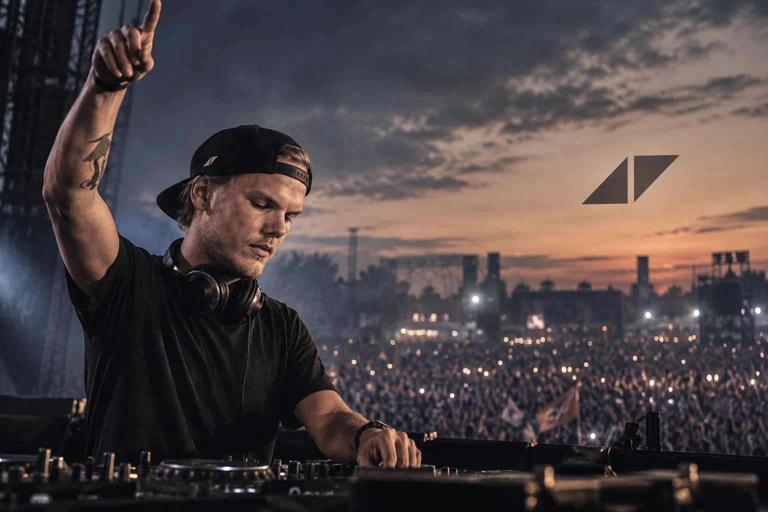 Avicii performing at dusk before festival lights and a large crowd