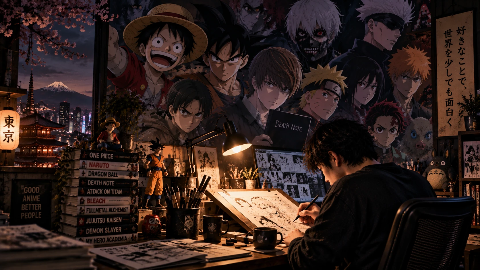 رسم لفنان يعمل على مكتبه تحيط به مجلدات مانغا وشخصيات أنمي، وتظهر مدينة يابانية خارج النافذة