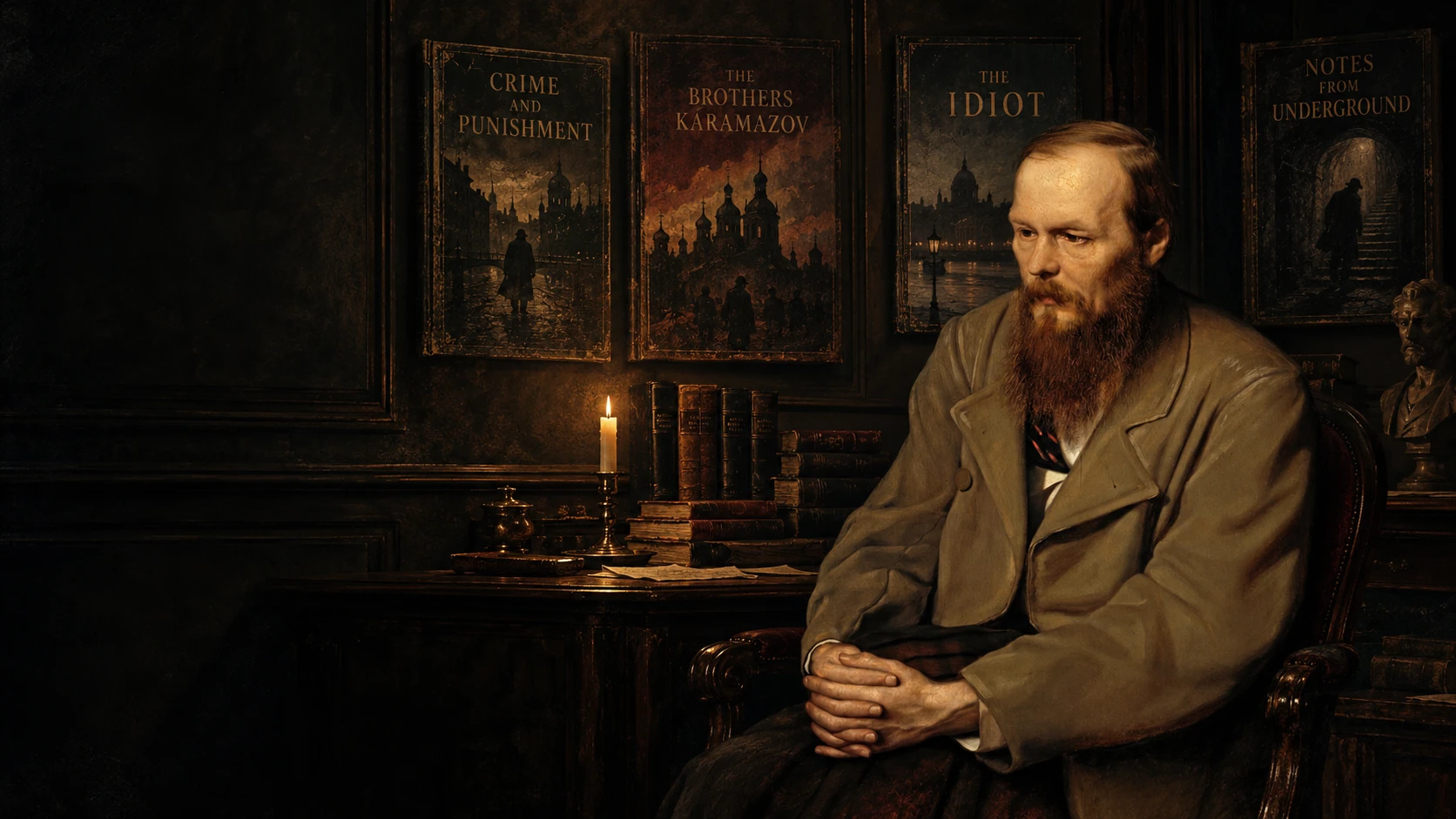 Artistic reconstruction of Dostoevsky in a candlelit study with illustrated literary cover designs.