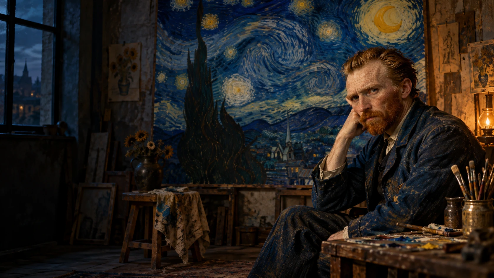 رسم فني لفان غوخ في مرسم مضاء بالقمر مع عرض متخيل للوحة ليلة النجوم.