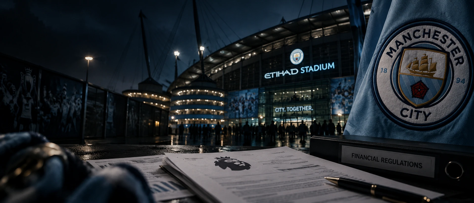Editorial illustration of the Etihad Stadium in early-morning light with Manchester City imagery and financial documents