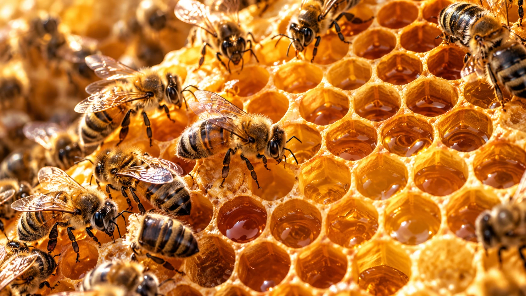 Illustration scientifique générée par IA pour PRESDA : abeilles sur un rayon de miel doré