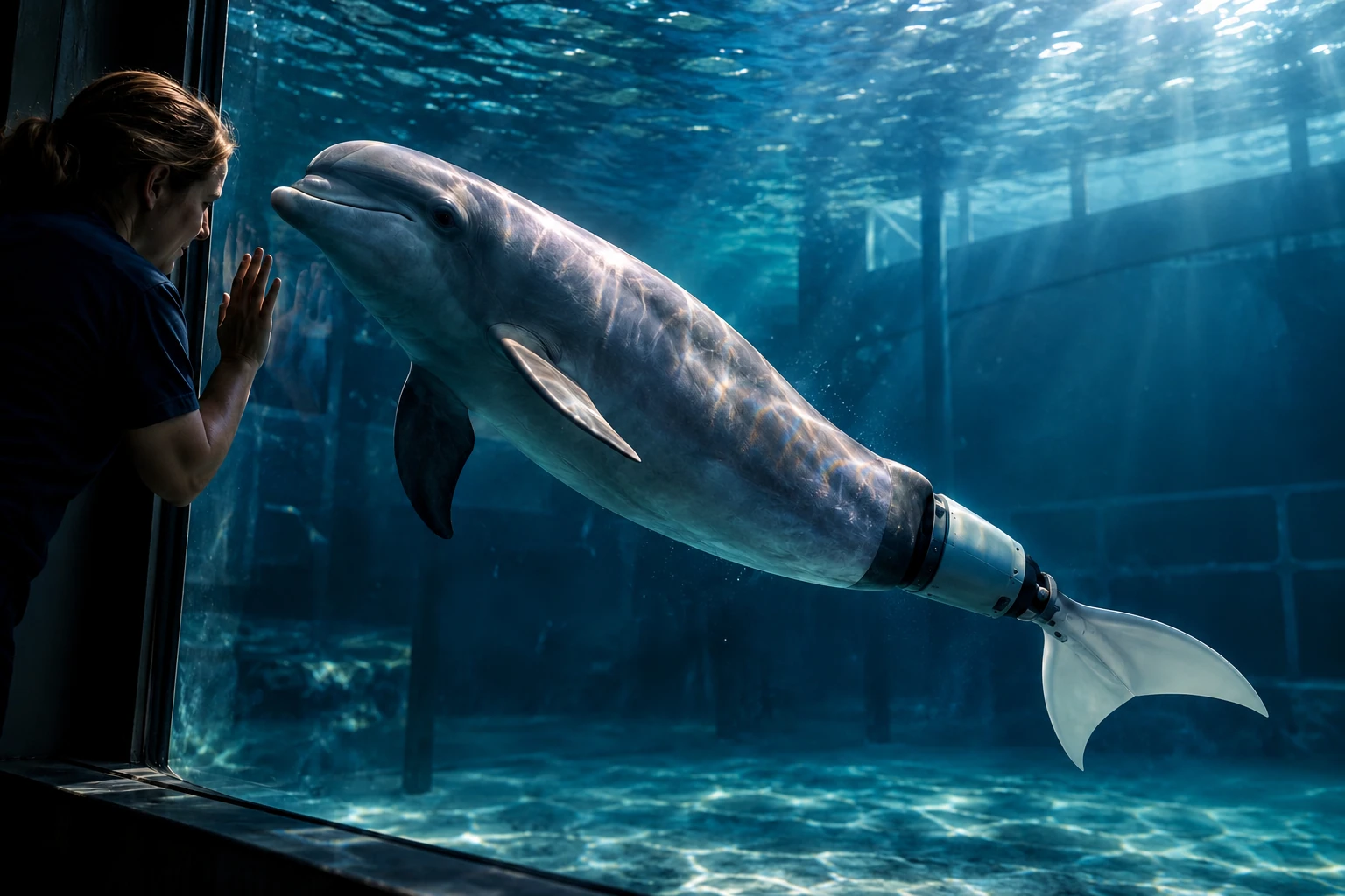 Ilustración con IA de un delfín con una cola artificial imaginaria junto a una visitante de acuario.