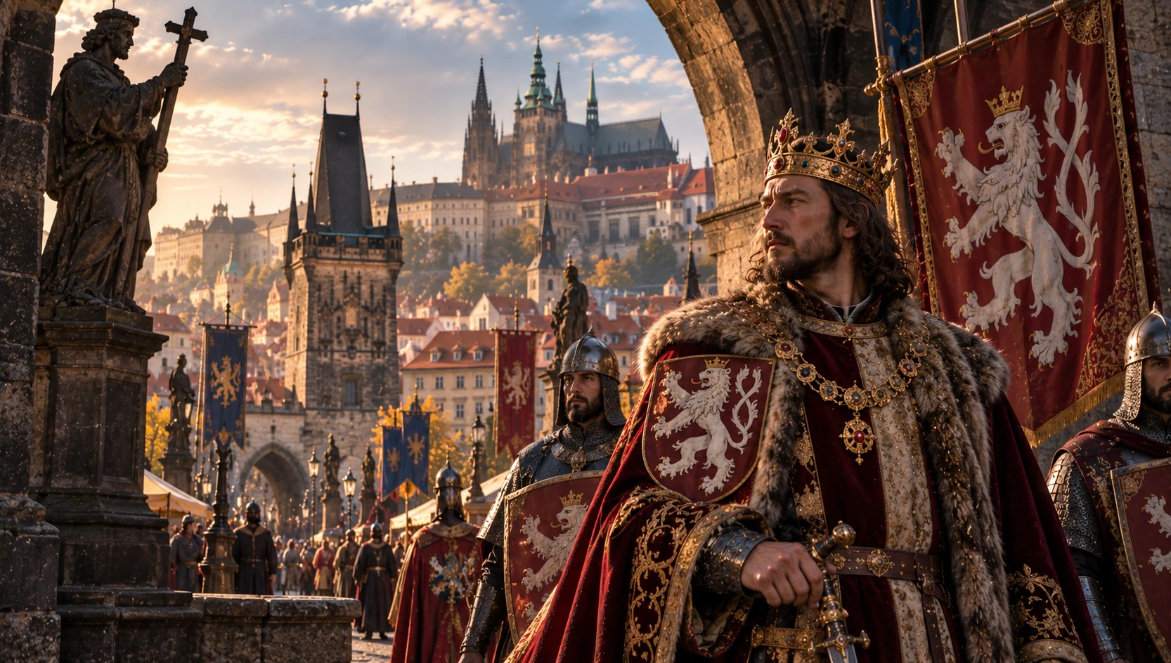 Editorial reconstruction of a Bohemian king overlooking medieval Prague and Prague Castle