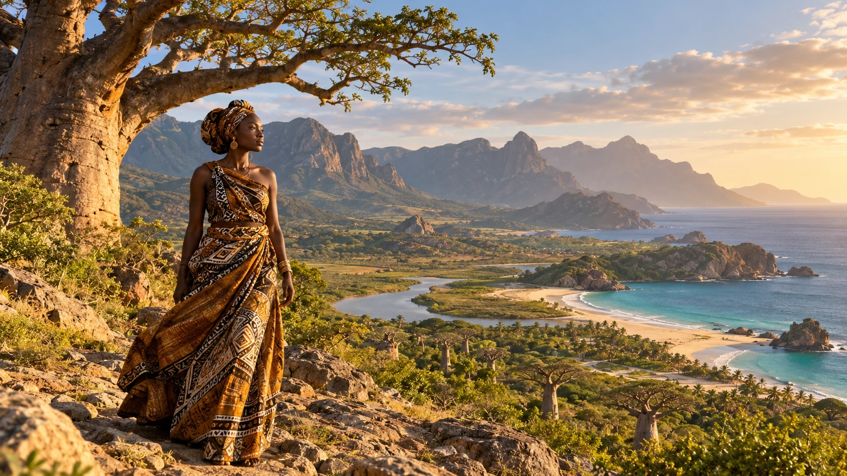 Ilustración editorial generada por IA para PRESDA de un paisaje costero africano imaginado. No documenta un destino concreto.