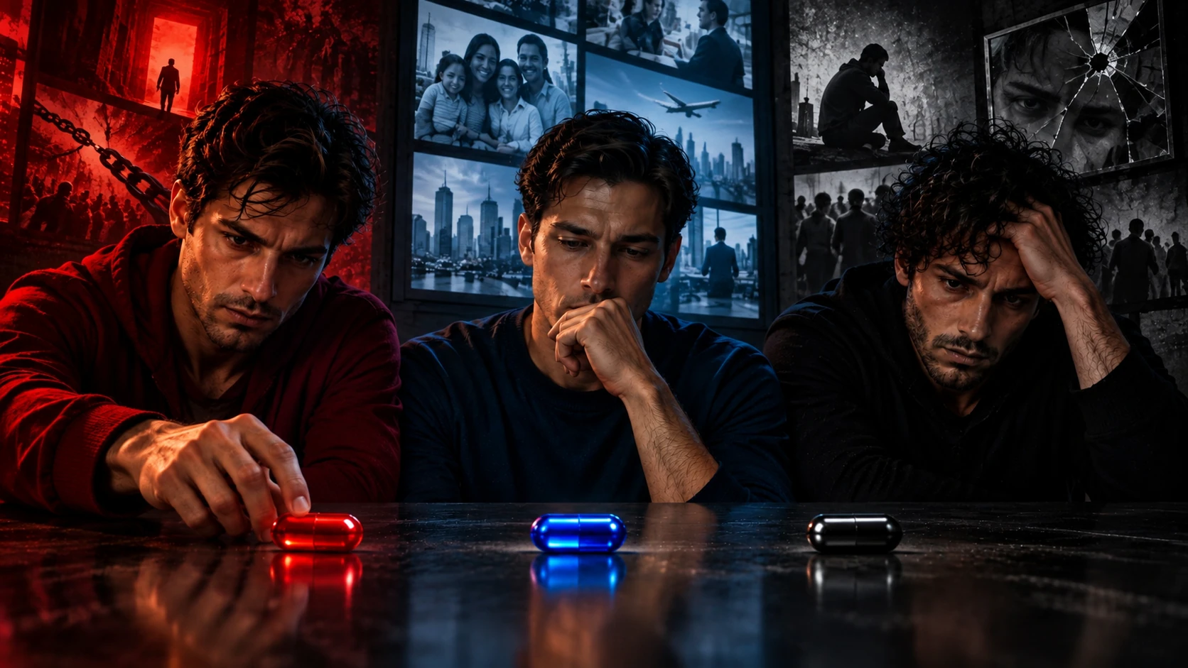 Illustration conceptuelle de trois jeunes hommes devant des capsules rouge, bleue et noire, dans des décors de couleurs contrastées.