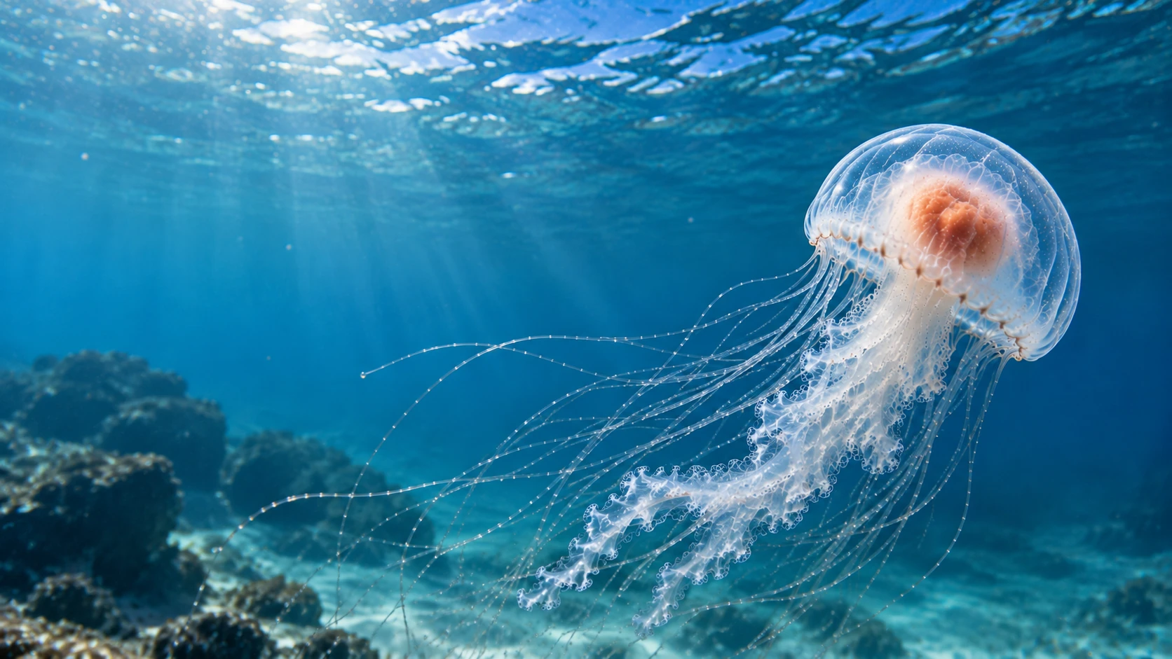Illustration éditoriale générée par IA d’une méduse imaginaire à droite dans une eau bleue éclairée par le soleil, ni photographie scientifique ni représentation exacte de Turritopsis dohrnii