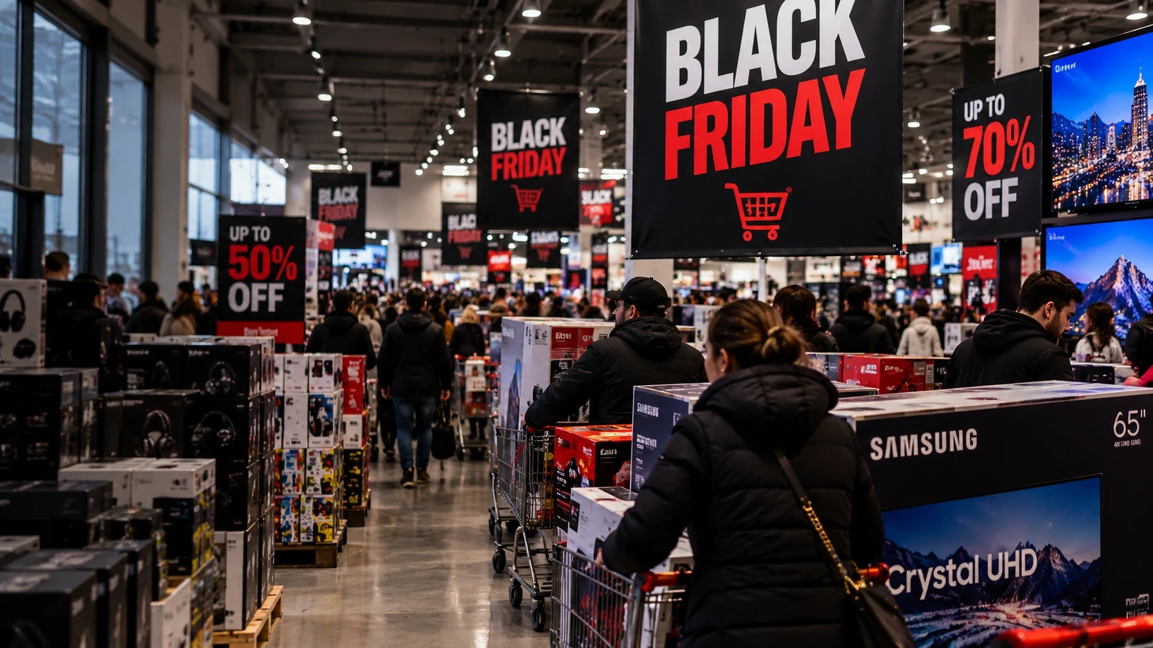 Illustration IA de clients et d'affiches Black Friday dans un magasin d'électronique imaginé