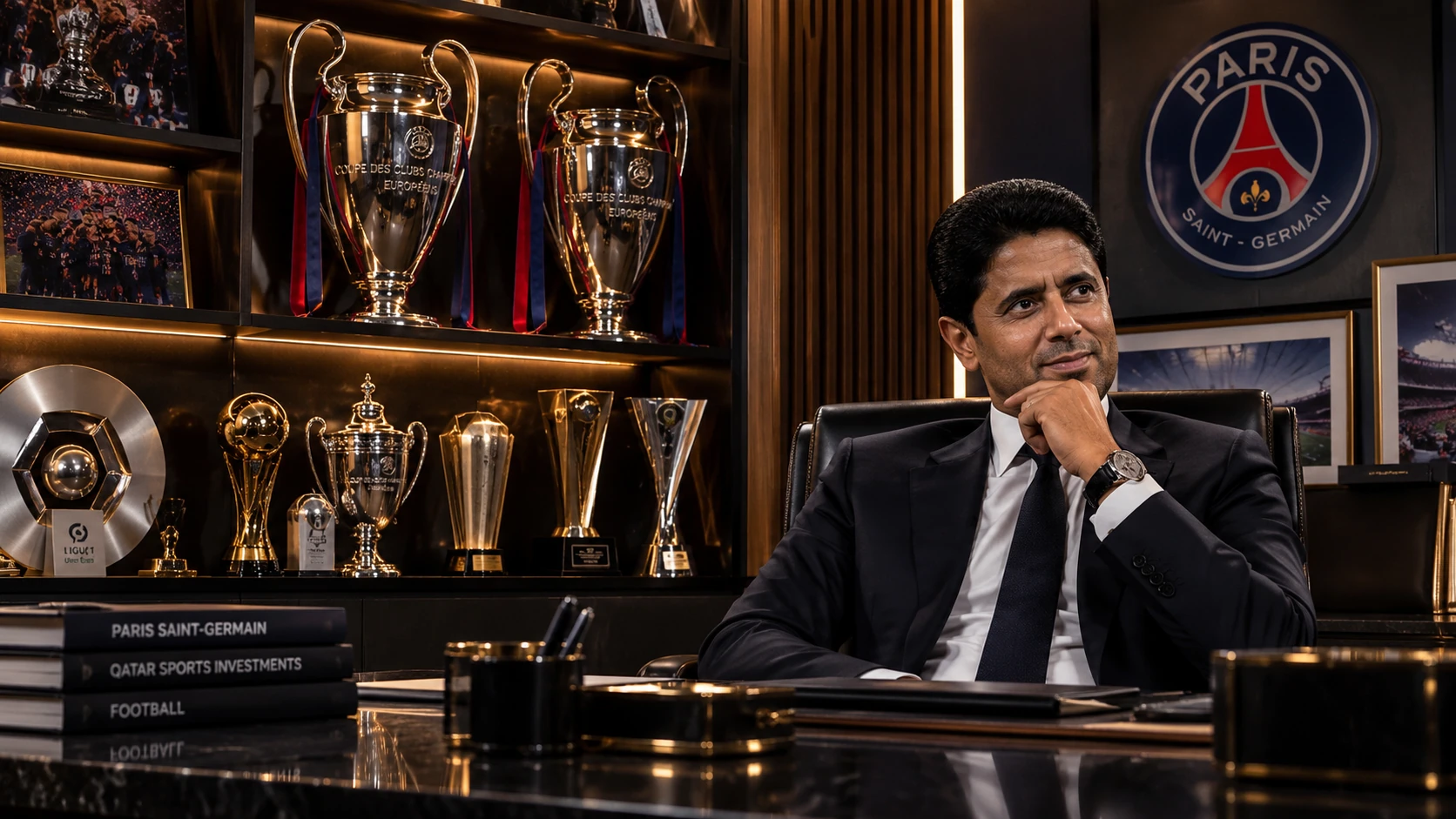 Ilustración editorial generada por IA para PRESDA de Nasser Al-Khelaifi en una oficina imaginada del PSG. Los trofeos y el escenario no son una fotografía documental ni un inventario verificado.