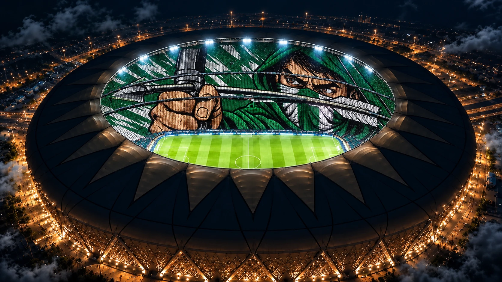 Illustration éditoriale générée par IA d’un tifo saoudien dans un stade de nuit, sans représenter une photographie de la finale ou de la remise du trophée