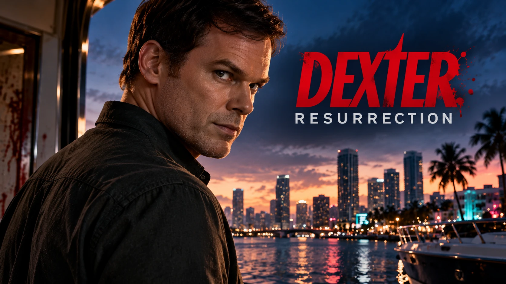 AI-generated Dexter-inspired portrait above an imagined Miami skyline
