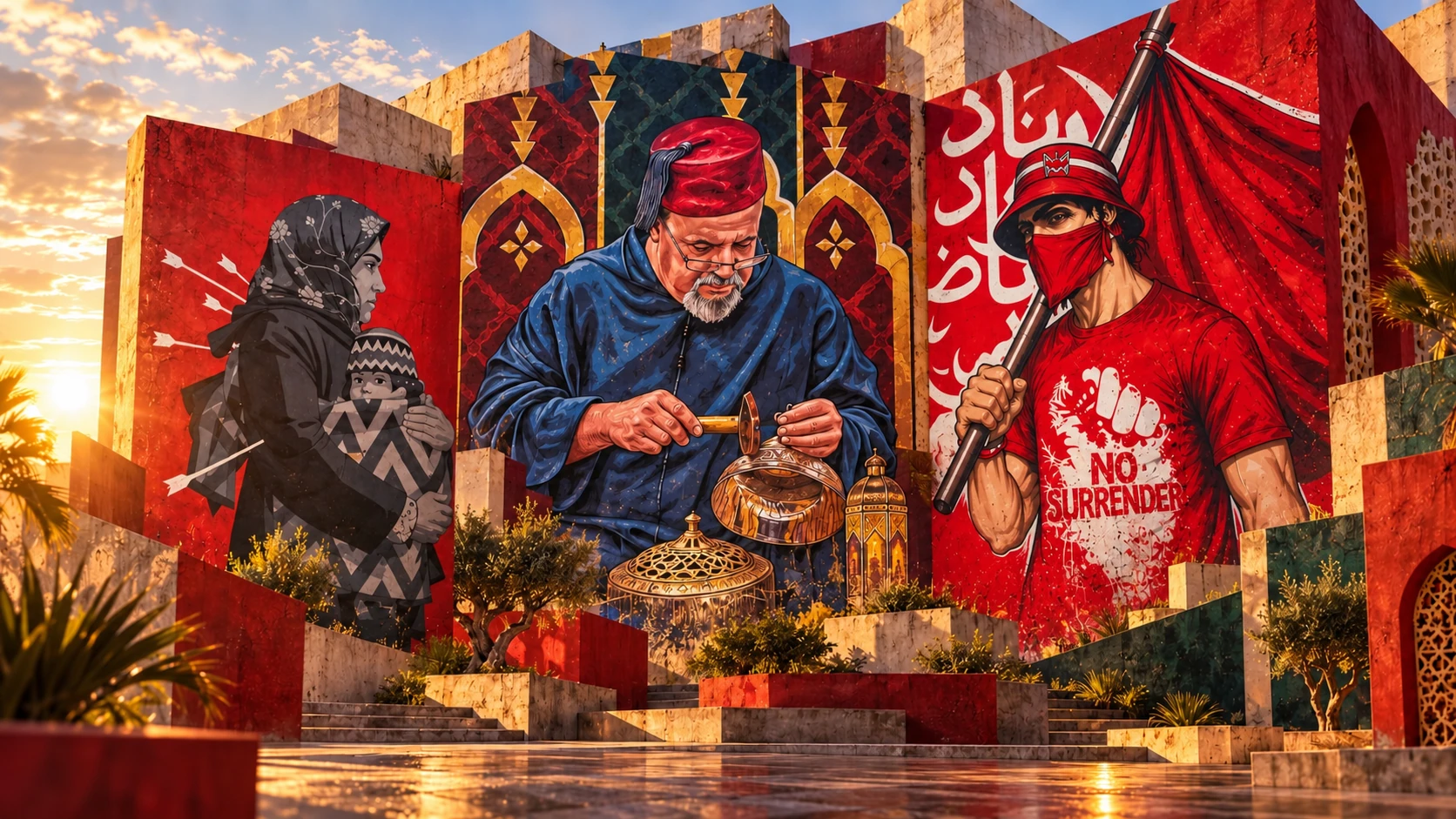 Ilustración por IA de tres murales monumentales en una plaza imaginaria de inspiración marroquí al atardecer.