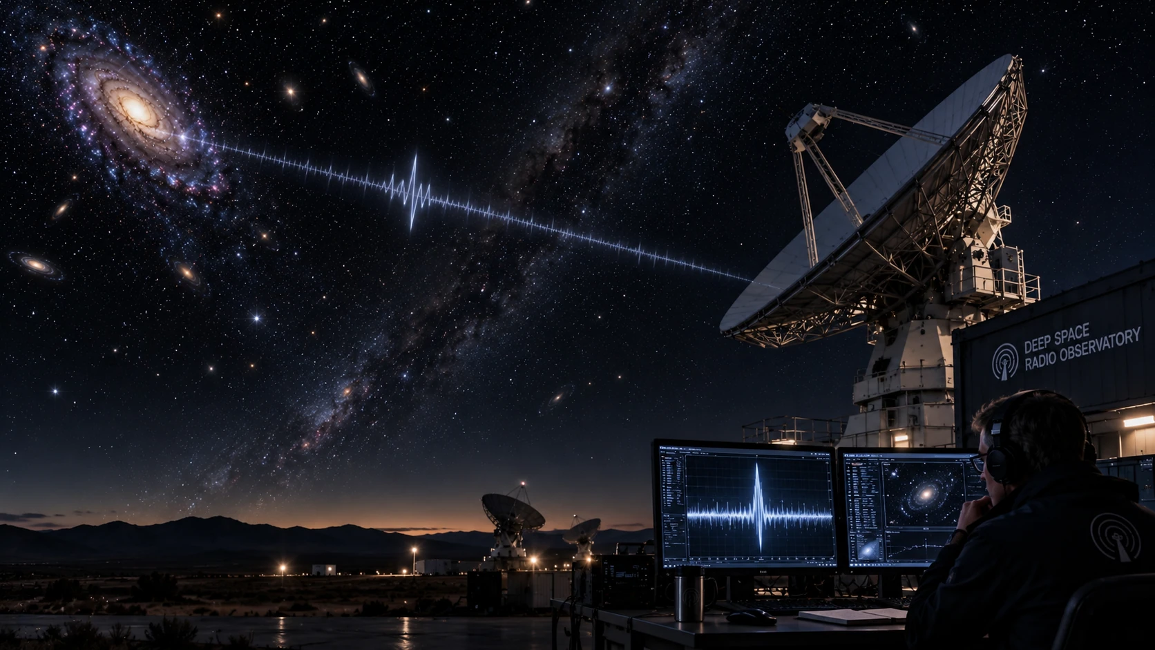 AI-generated conceptual illustration of a radio observatory beneath a star-filled sky, with a scientist on the right and an imagined signal path, not a photograph of the FRB discovery