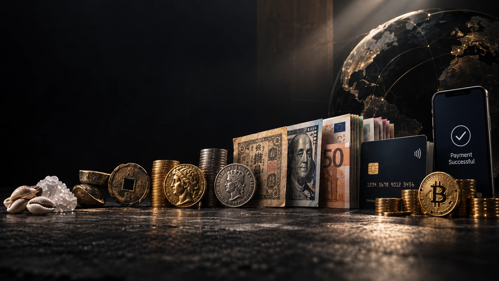 رسم تحريري بطابع سينمائي يوضح تطور النقود من الأصداف والعملات القديمة إلى الأوراق النقدية والبطاقات والمدفوعات الرقمية
