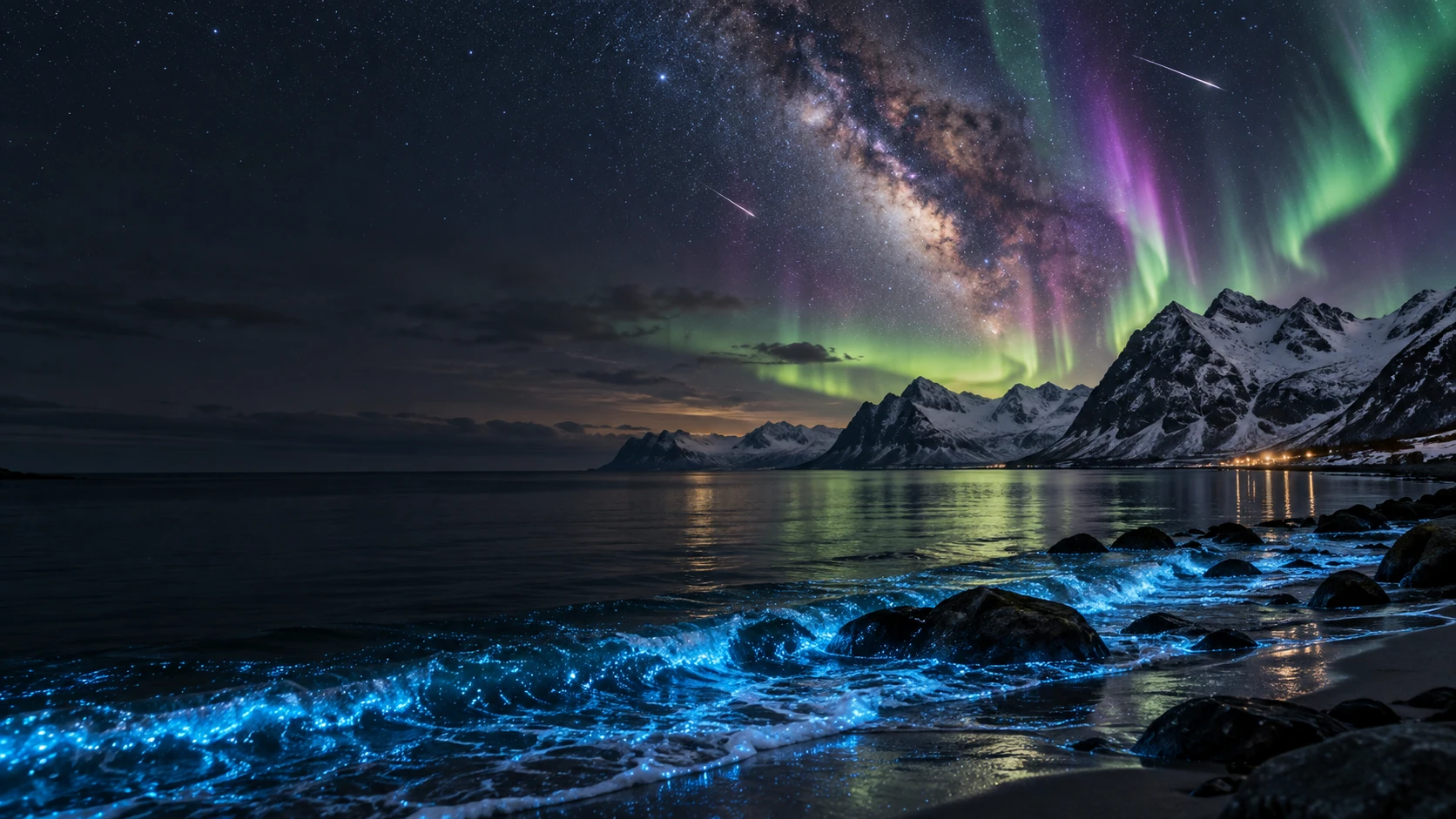 Ilustración editorial aprobada que combina olas luminosas y aurora. No es fotografía documental de un acontecimiento simultáneo verificado.
