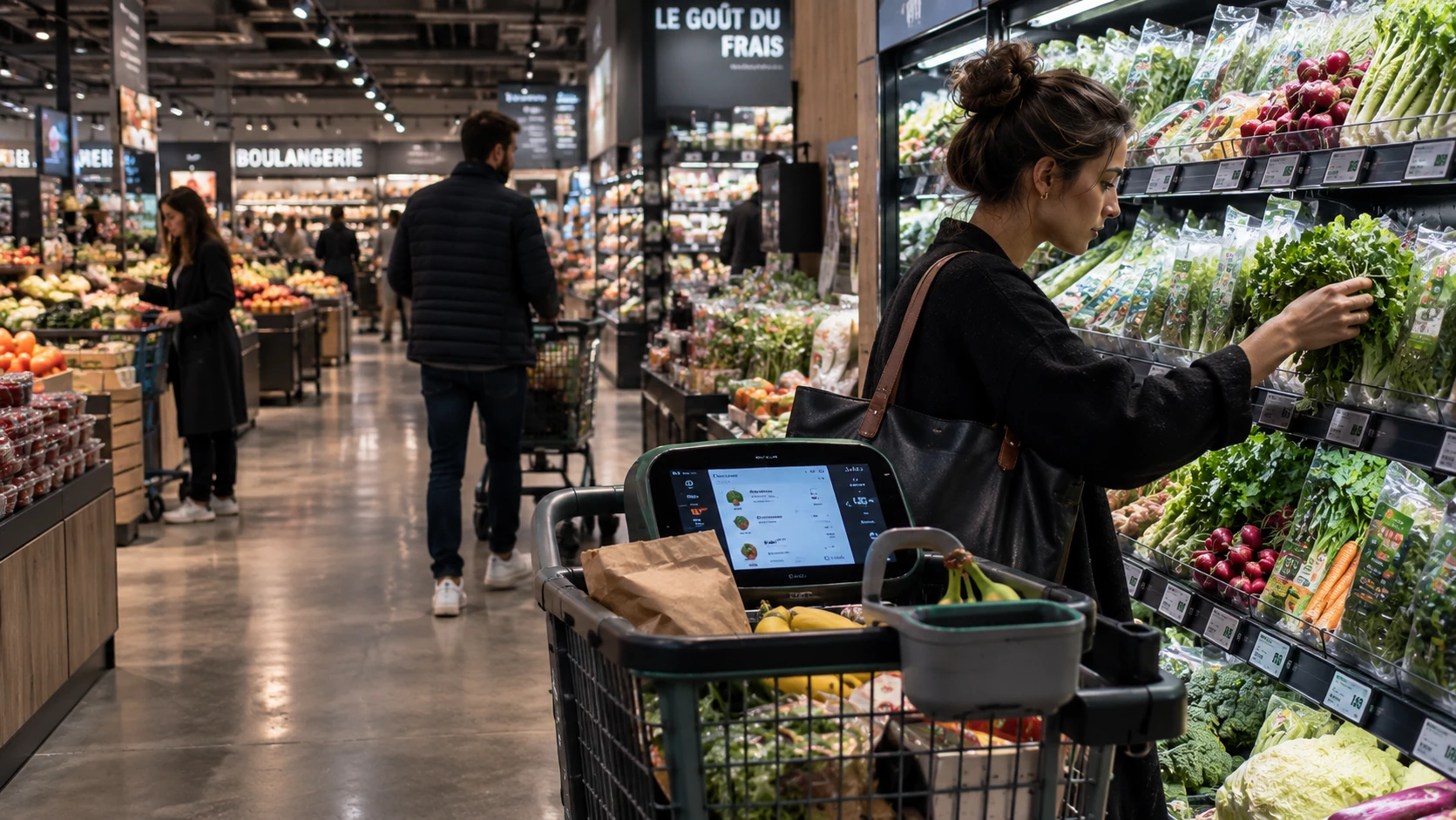 PRESDA AI-generated editorial illustration of shoppers and a smart cart in an imagined supermarket. Not a photograph of an Amazon, Walmart or Carrefour deployment.