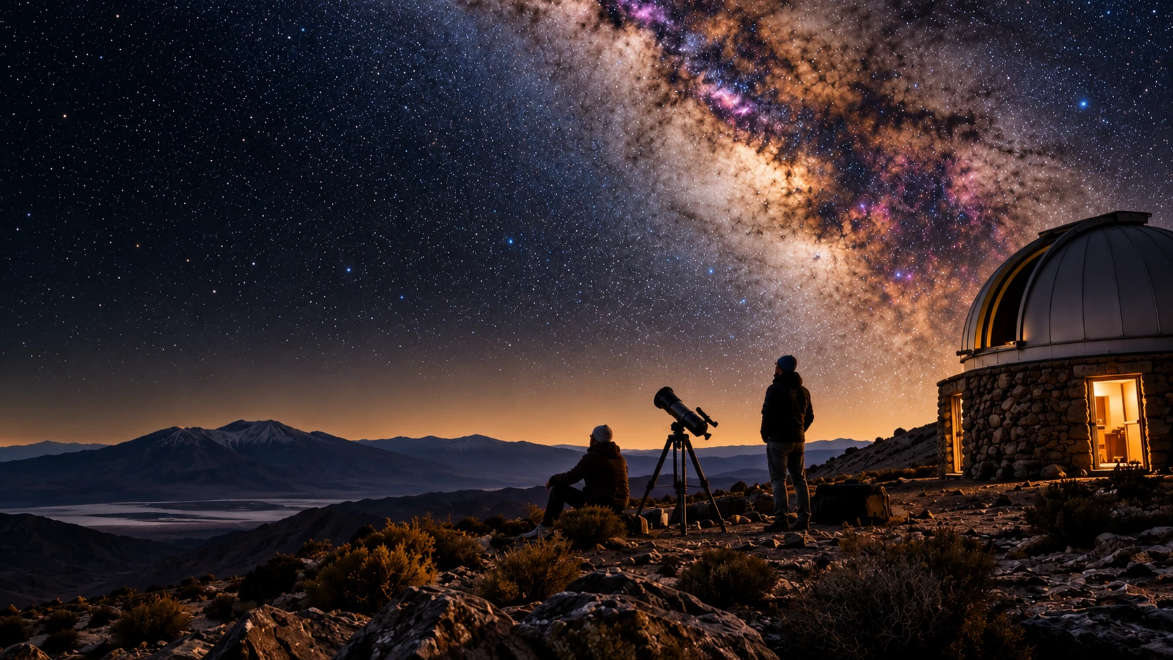 Illustration de voyageurs observant une Voie lactée lumineuse près d'un observatoire de montagne