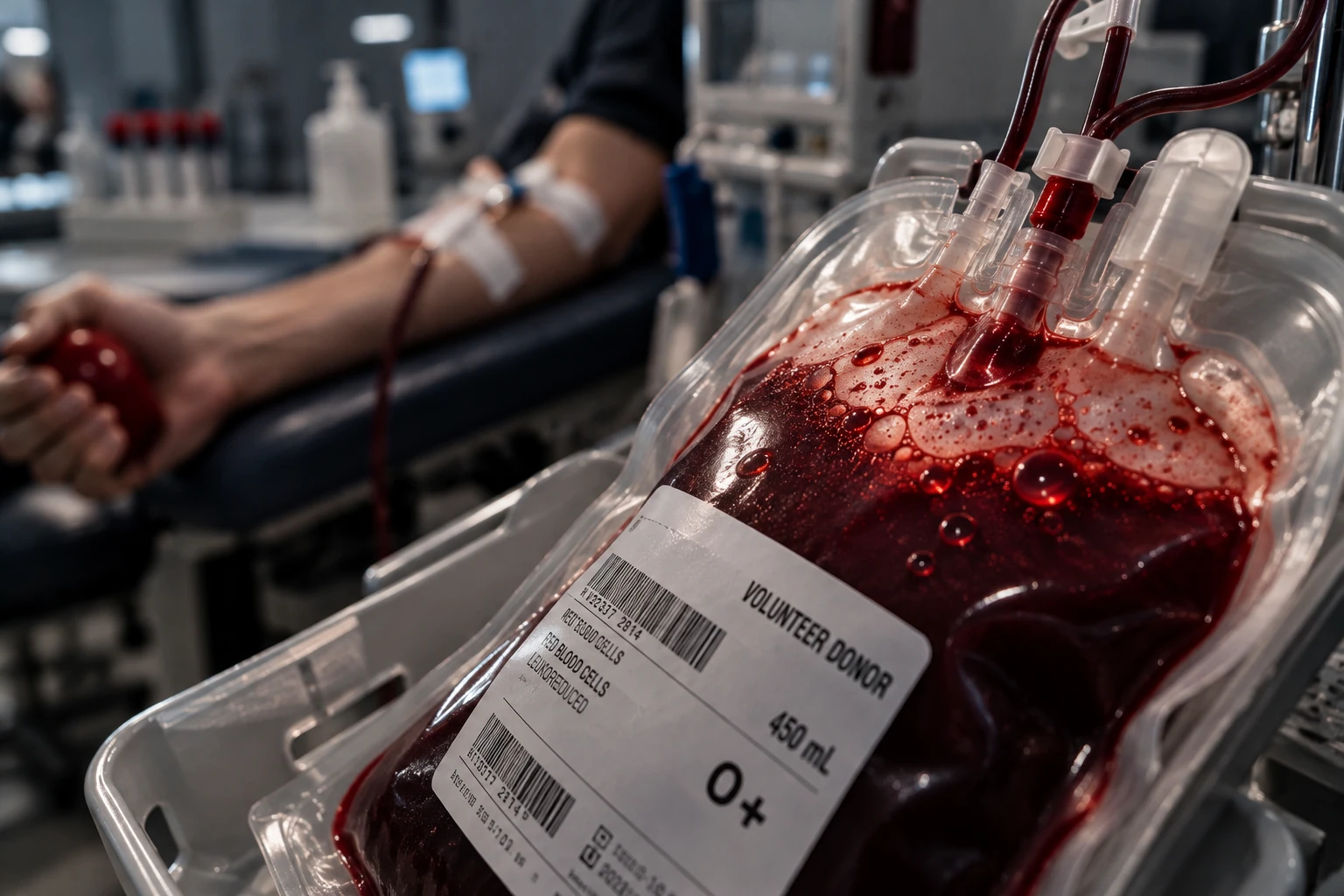 AI-generated editorial illustration of a volunteer blood donation bag, not an authentic trial photograph or an artificial blood product