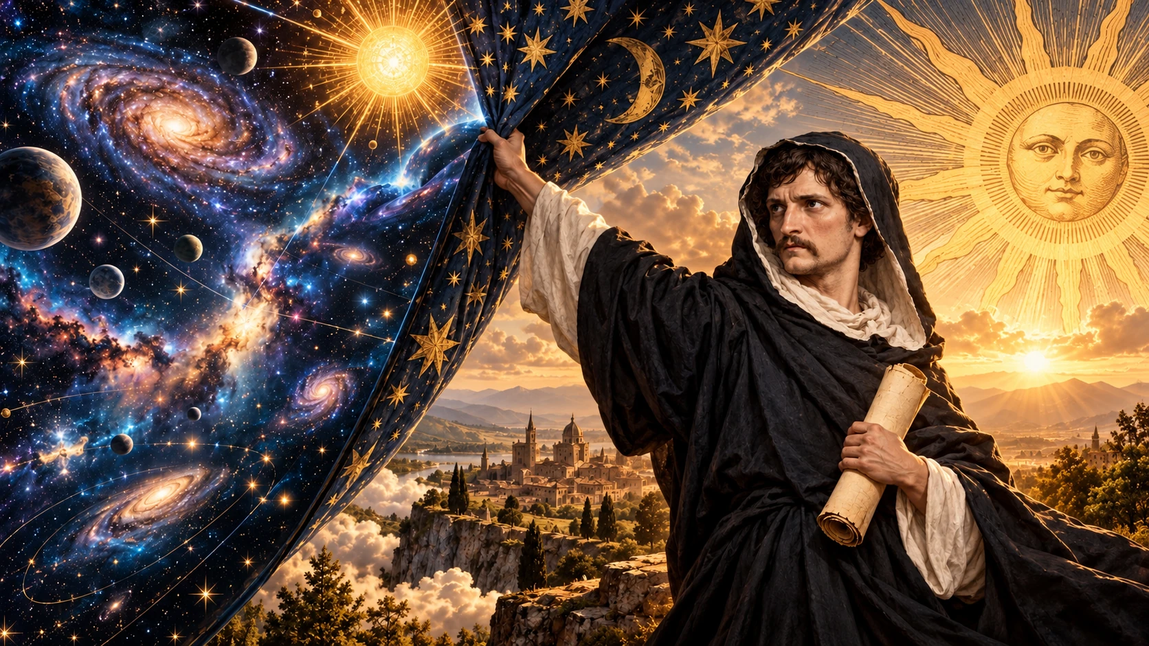 Ilustración simbólica de Giordano Bruno revelando un cosmos imaginario de estrellas y mundos.