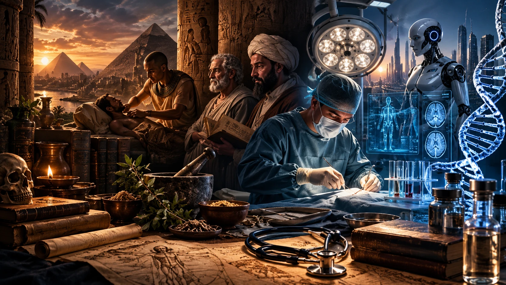 صورة تحريرية ترمز إلى تطور الطب من المعرفة القديمة إلى الجينوم والتقنيات الطبية الحديثة