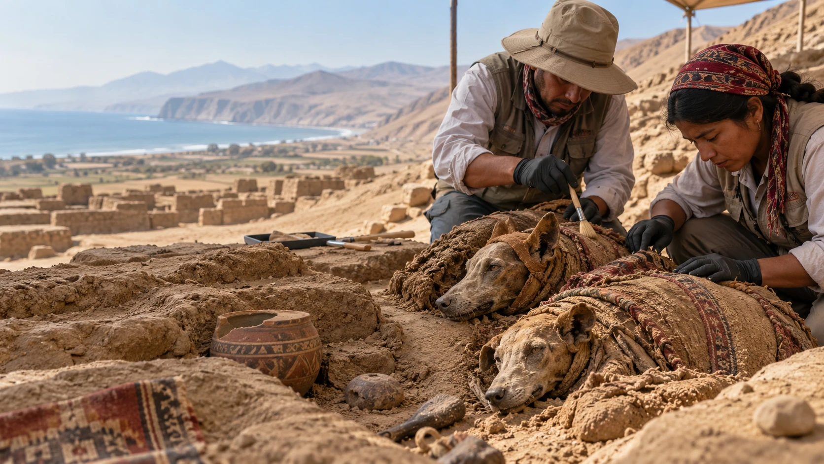 AI-generated imagined excavation of canine burials on Peru's desert coast