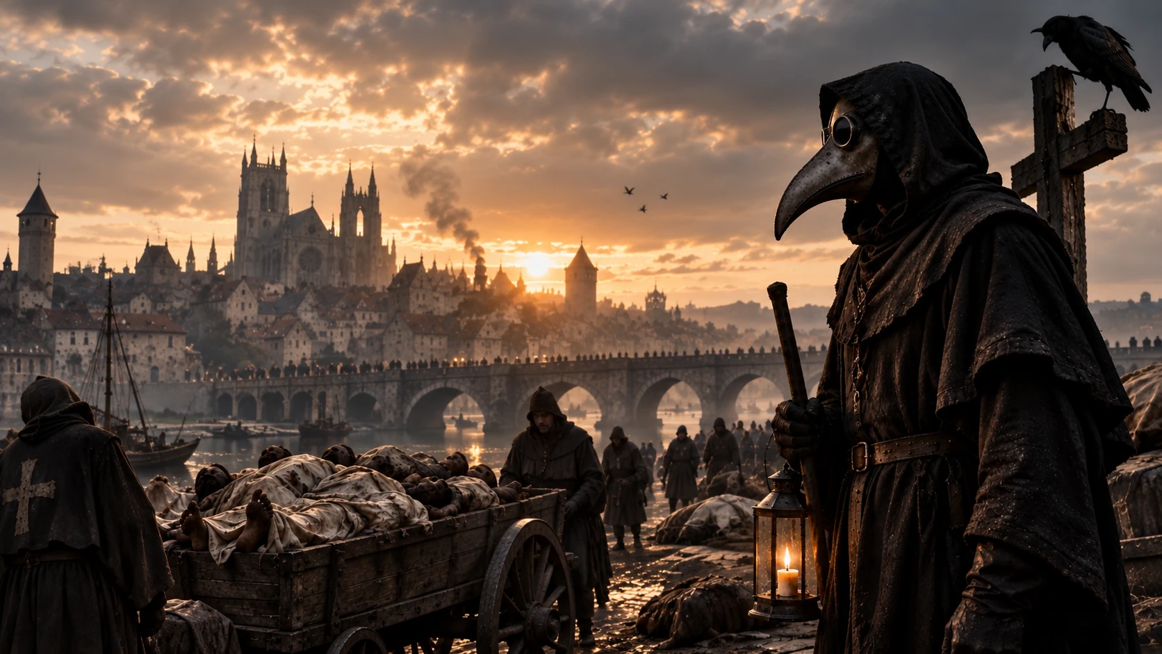 AI-generated historical illustration of a plague-era European port at sunset with a beaked-mask figure in the foreground; the mask is anachronistic, since this design appeared centuries after the Black Death