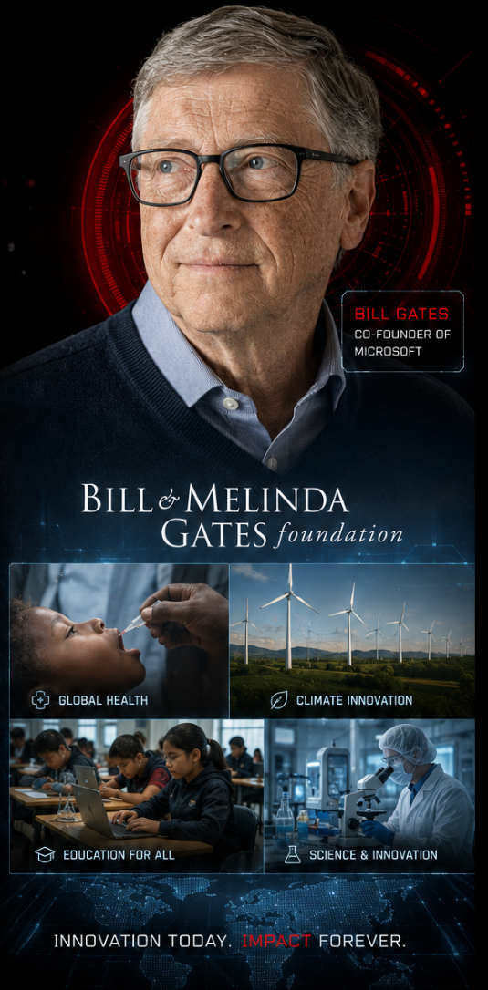 Bill Gates foundation cinematic poster with global health and innovation panels