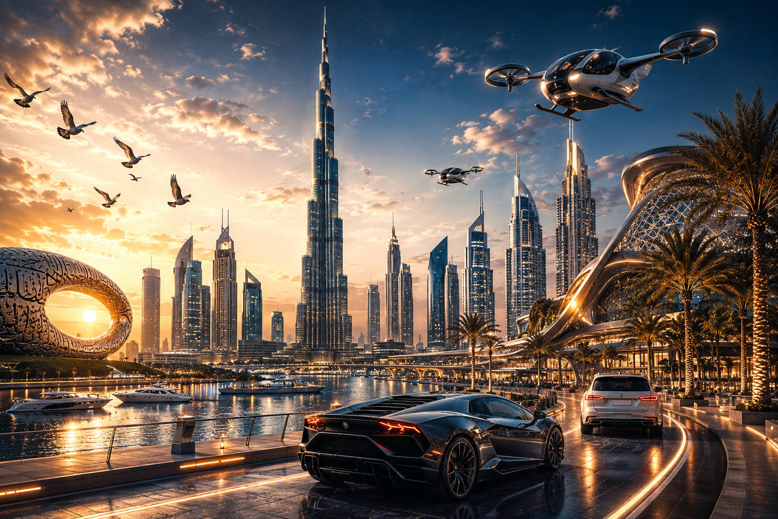 Futuristic Dubai skyline with flying vehicles and sunset light