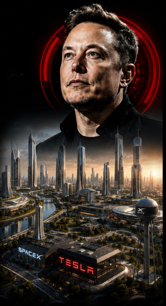 Elon Musk above a futuristic city with SpaceX and Tesla branding