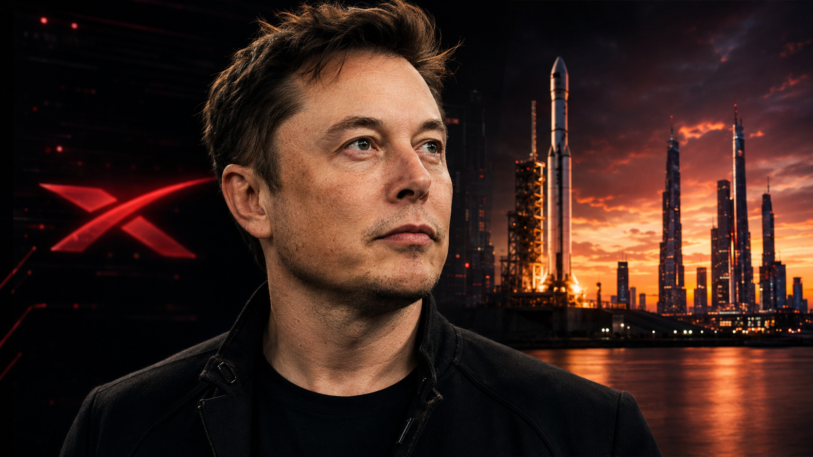 Elon Musk above a futuristic city with SpaceX and Tesla branding