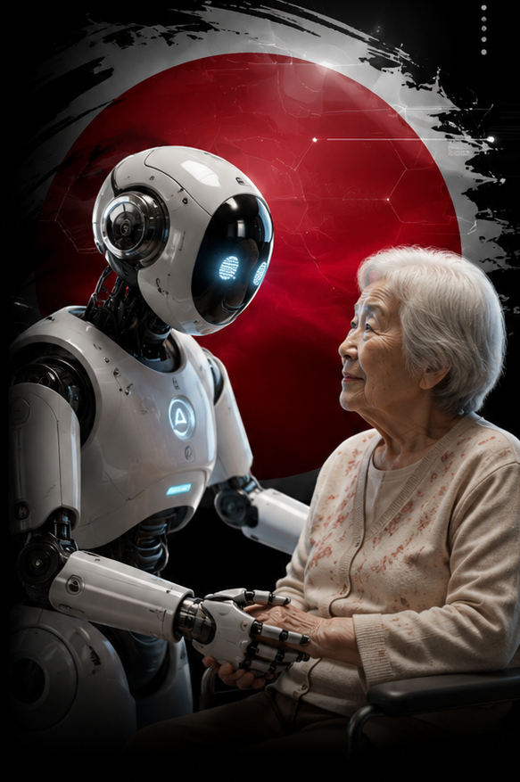 Japanese elder holding hands with a care robot in a cinematic poster