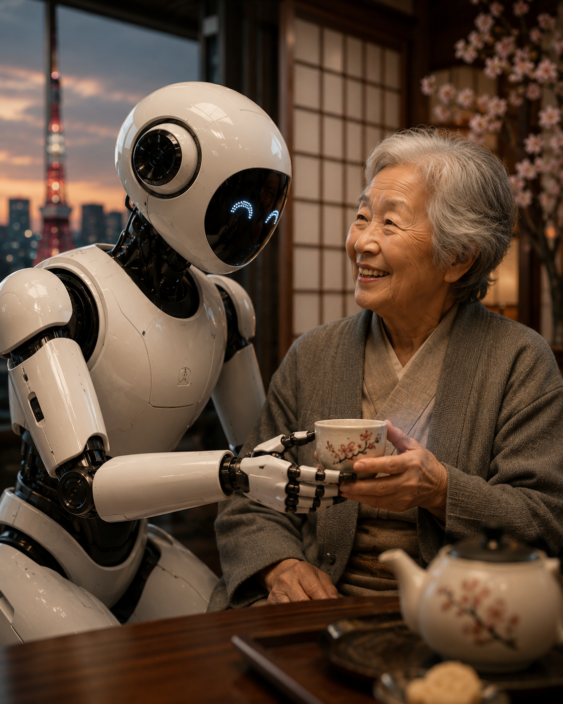 Japanese elder holding hands with a care robot in a cinematic poster