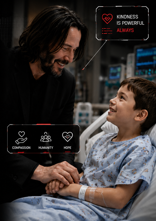 Keanu Reeves comforting a child in a hospital room with kindness overlays