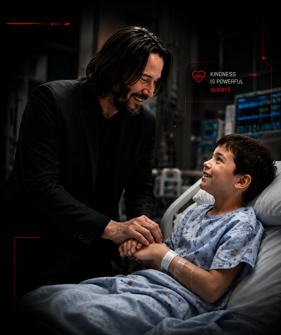 Keanu Reeves comforting a child in a hospital room with kindness overlays