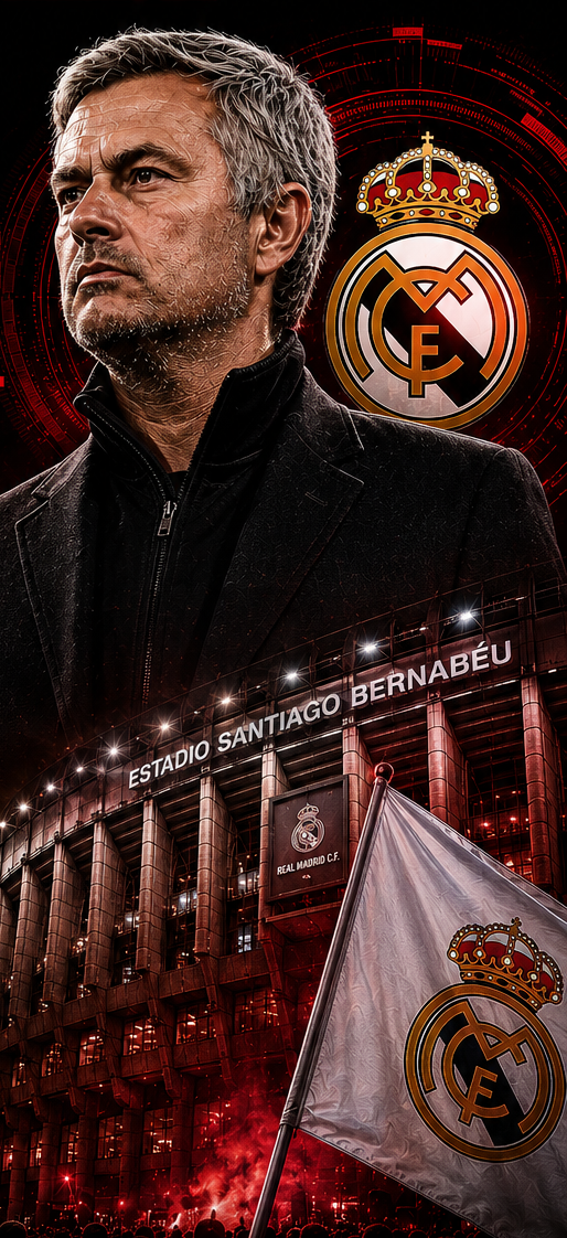 Jose Mourinho with Real Madrid crest and Santiago Bernabeu stadium