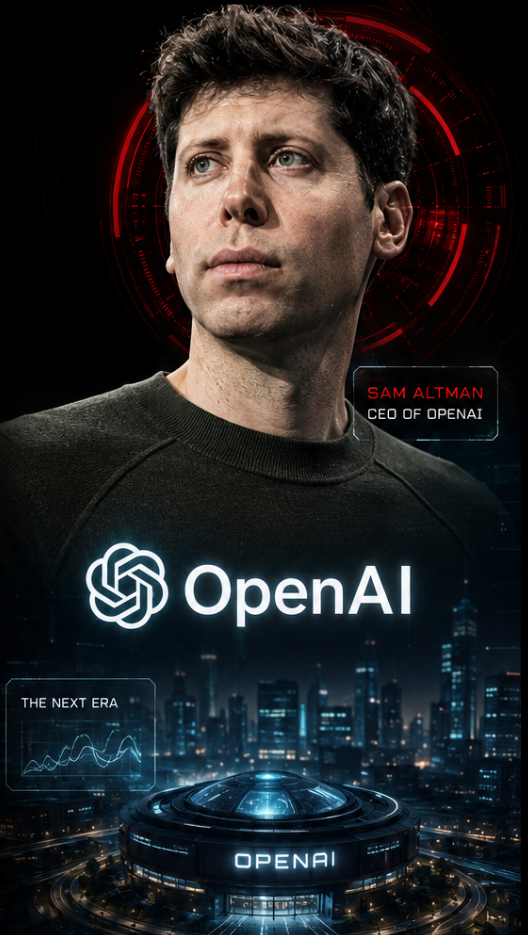Sam Altman and OpenAI cinematic PRESDA poster on a dark background