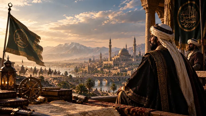 تصور تاريخي تحريري لحاكم أموي متخيّل يطل على دمشق، وليس صورة موثقة لشخص أو للمشهد العمراني في ذلك العصر