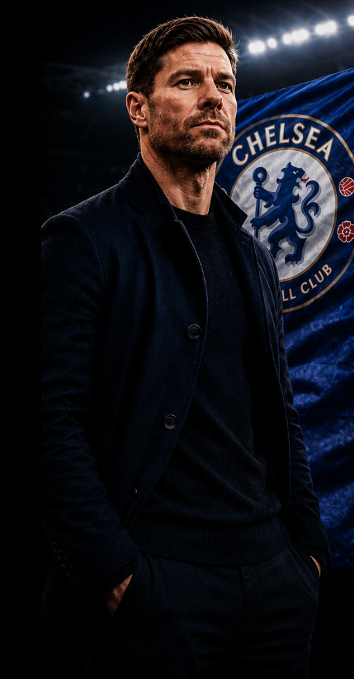 Xabi Alonso cinematic football poster with Chelsea flag